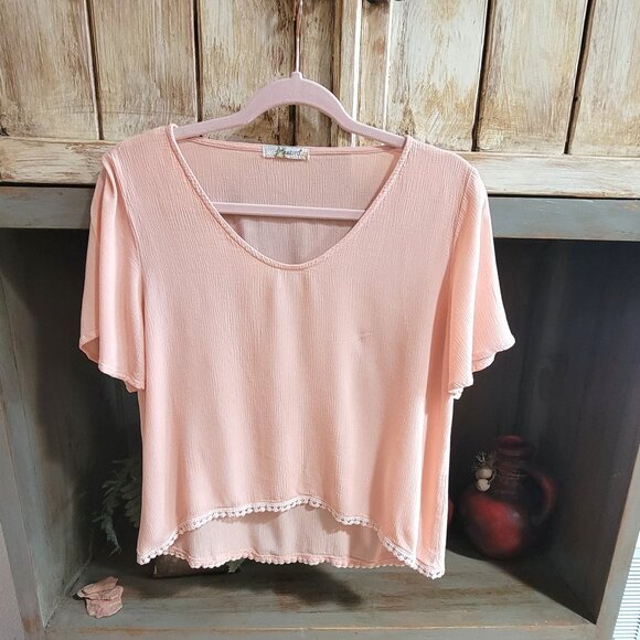 Firebird Tops - Freebird Peach Colored Short Sleeve Blouse with Embroidery at the Hemline
